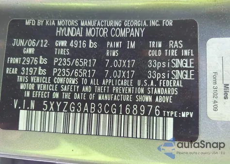 2012 Hyundai Santa Fe Gls from USA, damaged, VIN 5XYZG3AB3CG168976